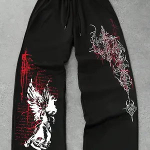 Gothic angel and cross patterned wide leg pants with fashionable streetwear and trendy items