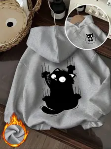Women's Cat Anime Graphic Hoodie, Womenswear, Sweatshirts, Double-Sided Print, Animal Print, Kangaroo Pocket, Drawstring Hat, Long Sleeves, Comfortable Fall Winter Pullover, Casual