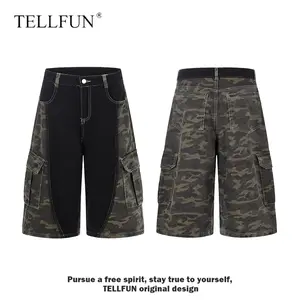 TELLFUN Men's Wide-Leg Denim Capris - Unisex Cotton Patchwork Leopard Print Loose-Fitting Casual Streetwear with Oversized Slant Pockets, Breathable Summer Bottoms