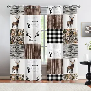 Deer & Hunting Gear Patchwork Print Blackout Grommet Curtains - Breathable Polyester, 85% Light Blocking, Noise Reducing, Thermal Insulated, Rustic Cabin Style Window Drapes for Boys Bedroom, 2 Panels