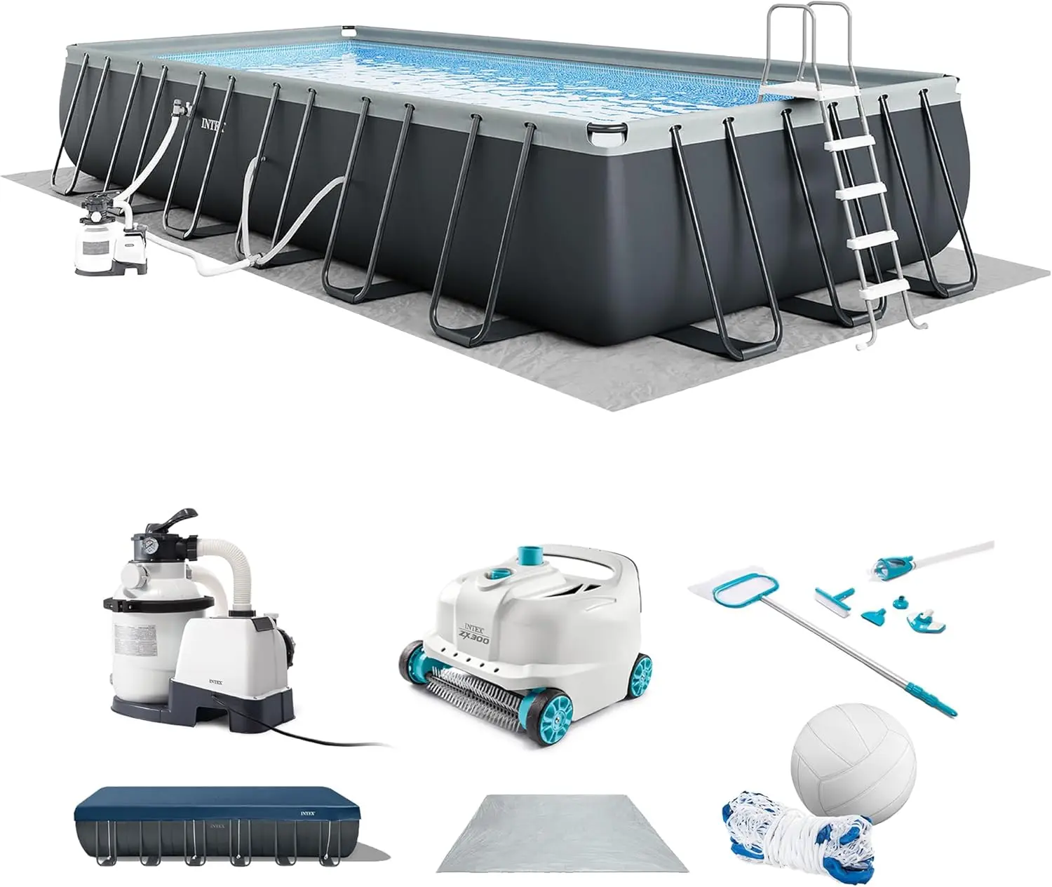 INTEX Ultra XTR 24ft x 12ft x 52in Above Ground Swimming Pool Set Bundle | 26367EH - 2100 GPH Sand Filter Pump, Ladder, Pool Cover & Ground Cloth with Deluxe Automatic Vacuum Cleaner Included