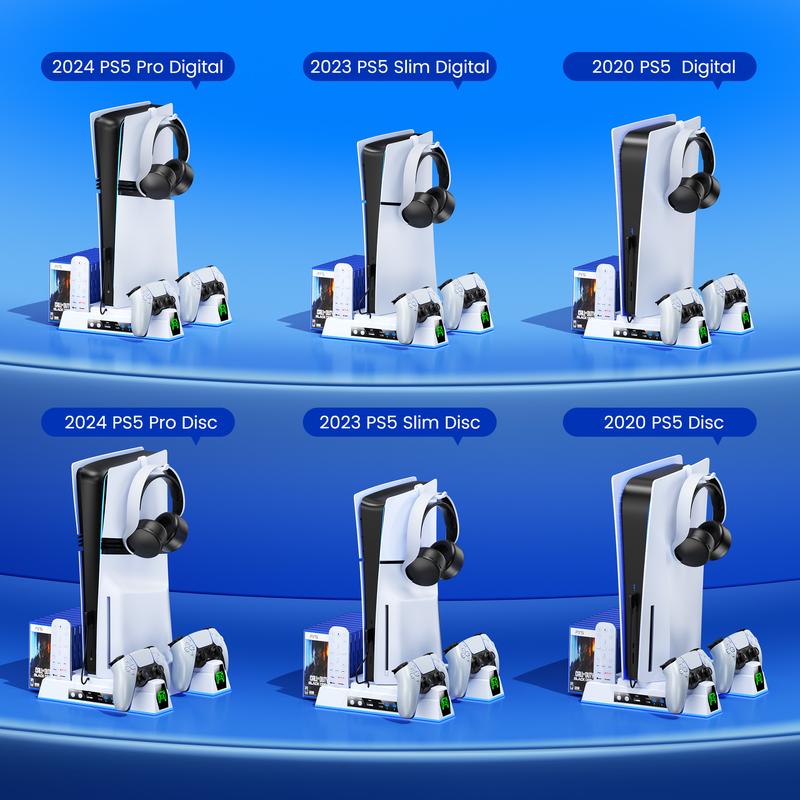 ESYWEN PS5 Cooling Fan Dock & Charging Station with Turbo Fan, 6 Game Card Slots, Dual Controller Charger, RGB Lights, Remote Holder, Compatible with PS5 2020/2023 Slim/2024 Pro Models (Disc & Digital)