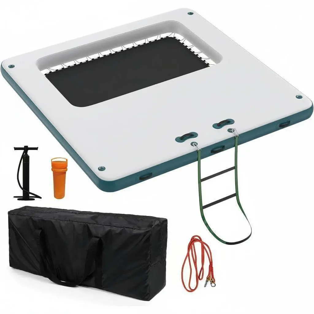 Inflatable Floating Dock Platform with Mesh Swim Area – Non-Slip EVA Deck, Rope Ladder, Connectable Water Mat, Drop Stitch Tech – Supports 4-6 Adults for Lake, Pool, Beach, Boats, Inflatable Pool Lounge, Pool Accessories