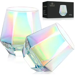 Wine Glasses Set of 2, Diamond Stemless Wine Glasses - Iridescent Glassware