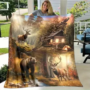 Luxury Large Country Wildlife Blanket Ultra-Soft, Cozy Sofa Throw With Vivid Deer, Bear Forest Cabin Scenes Ideal For Indoor/Outdoor Use, Travel, All Seasons Vintage Style,