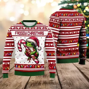 Froggy Christmas Ugly Sweater, Cute Frog Candy Cane Ugly Sweater, Funny Holiday Jumper, Festive Amphibian Xmas Pullover Full Size S-6XL