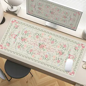 Beige Floral with Green Border Desk Pad Gaming Mousepad XXL Mouse Pad for Laptop Desk Mouse Pad Extra Large with Non - Slip Rubber Base Stitched Edges Surface for PC Gamers Office Workers & Home Use Desktop Accessory Office Accessories