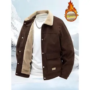 Men's Thick Insulated Jacket - Warm Inner Lining, Brown, Front Buckle, Side Bags - Outdoor Winter Jacket, Casual, Daily Cold Weather - Machine Washable Polyester Filler Jacket, Winter Jacket