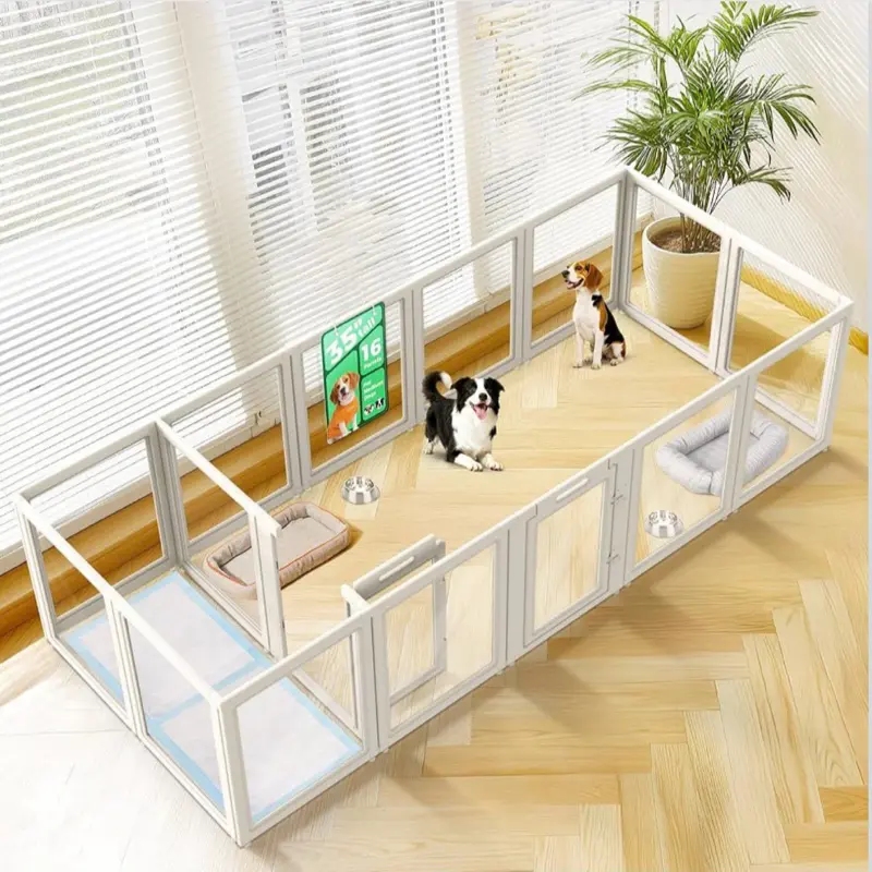 SLEEKS Modern Clear Acrylic Indoor Dog Playpen - 35" H White Open View 16-Panel Dog Fence for Medium Dogs, No-Climb Design, Tool-Free Modular Pet Exercise Pen for Stylish Home Living