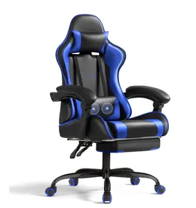 Leather Gaming Chair Massage Ergonomic Gamer Chair Height Adjustable Computer Chair with Footrest & Lumbar Support, Blue