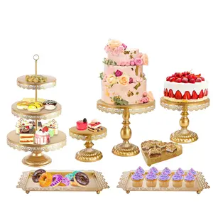 Set of 7 Gold Cake Stands, Metal Dessert Display Set with Lace Edge, Cupcake Stand, Tiered Tower & Serving Trays for Birthday Party, Wedding, Baby Shower, Graduation & Engagement