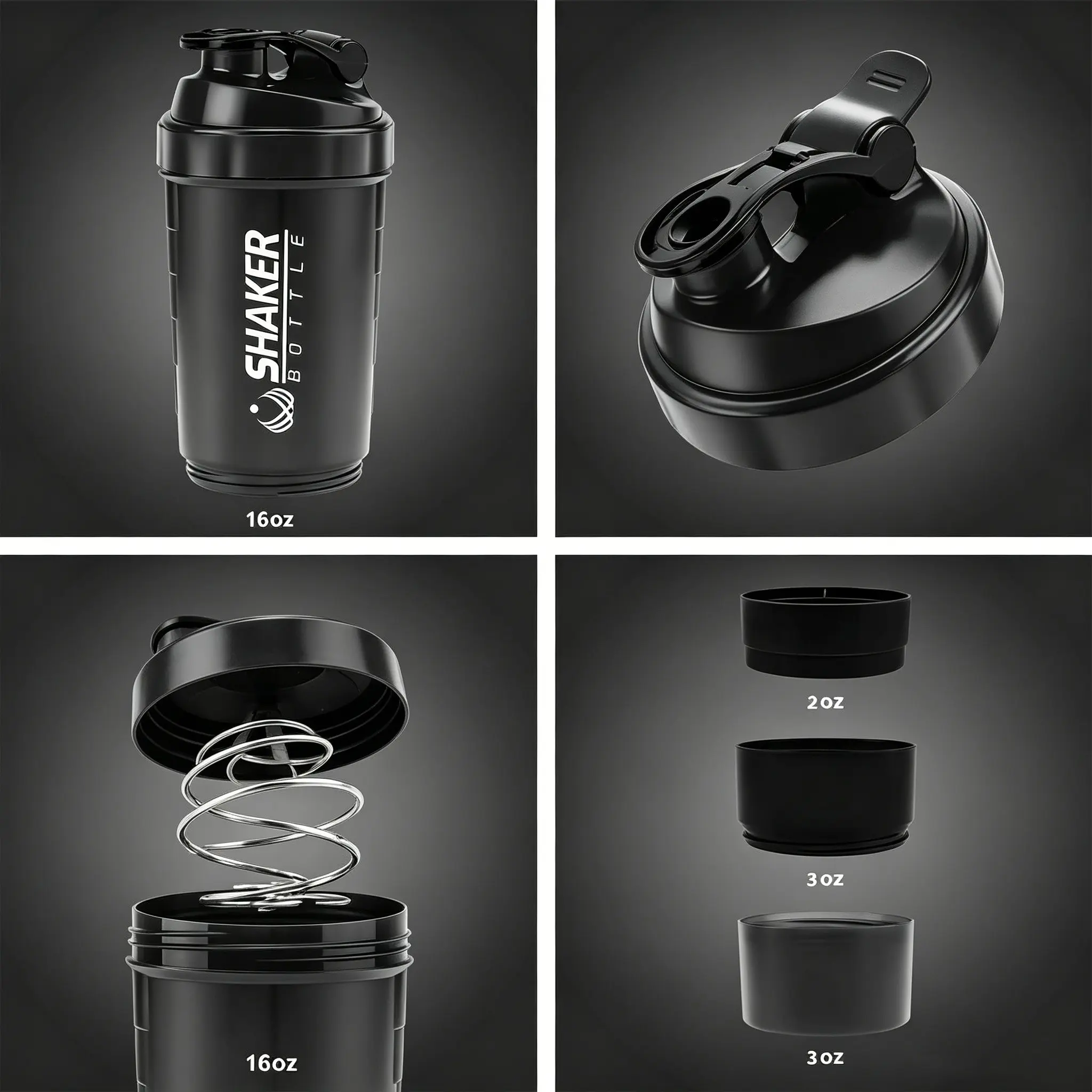 Three-In-One Protein Powder Shaker Cup, Leak-Proof with Powder Box, 16oz Large Capacity, Layered Storage, Gym Essential, Includes Mixing Ball, Leakproof Water Bottle