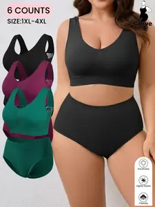 1/3 Sets Plus Size Women's Seamless Cami Sets with Wide Straps Bra No padding and Comfortable Mid-Rise Stretch Triangle Panties, Soft Skin-Friendly Casual Breathable Loungewear for All Seasons,Daily & Sleep Wear,Basic Underwear Outfit