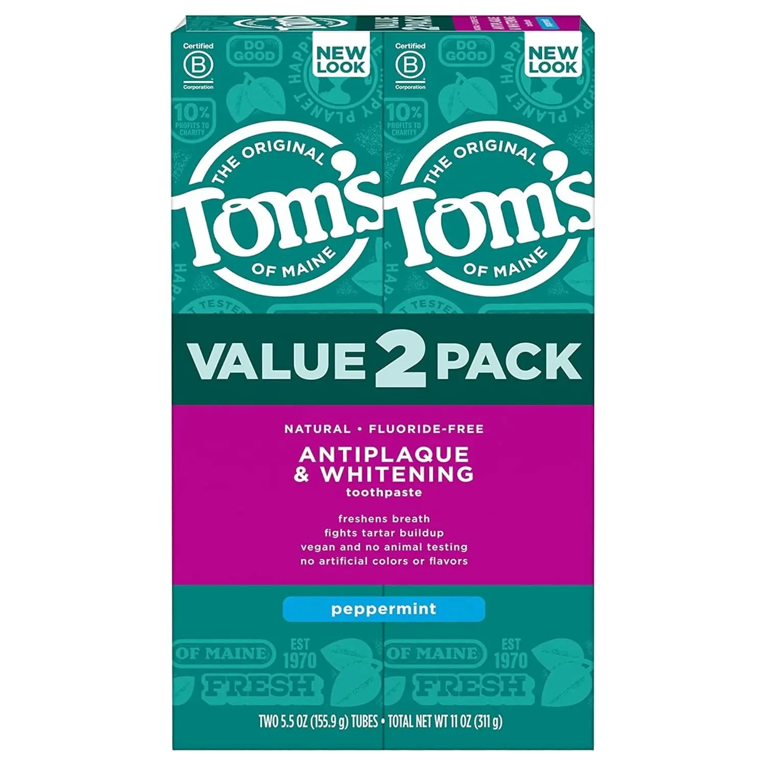 Tom's of Maine Antiplaque and Whitening Toothpaste, Peppermint, 2Pk, 5.5 oz | Fluoride Free, Freshens Breath, Fights Tartar Buildup, Vegan, No Animal Testing, No Artificial Colors or Flavors