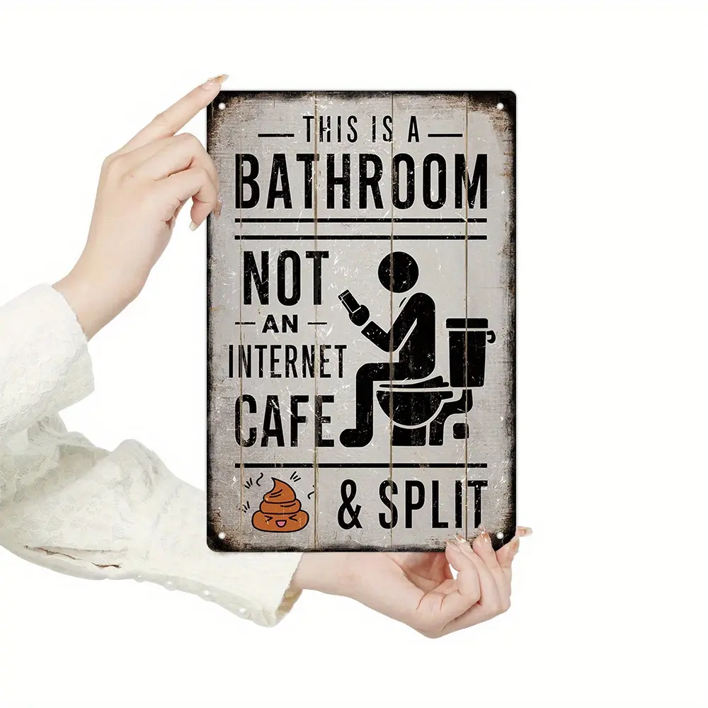 2D Flat Vintage Tin Metal Wall Art Sign - "This Is a Bathroom, Not an Internet Cafe & Split" - Waterproof, Moisture-Resistant, Tinplate for Solid Look, Bathroom Humor Sparks Quick Laughs, Decoration for Dorms, Fun Gift for Game Rooms, Black Retro Plaque