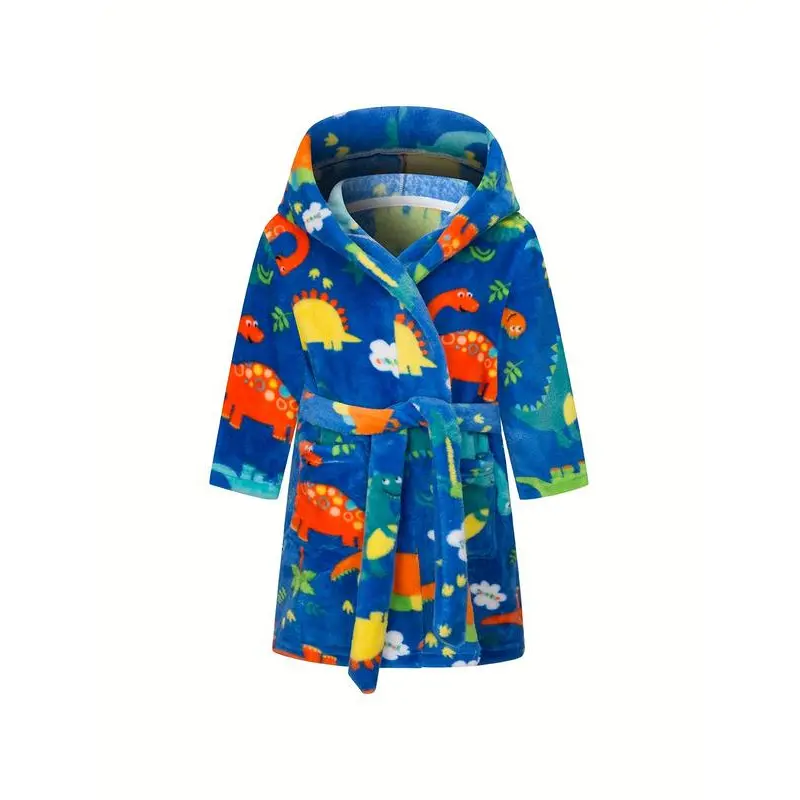 Boys' Fitted Polyester Long Sleeve Hooded Wrap Bath Robe - Toddler, 3-4y, 10-11y, 11-12y Kids' Bathrobe with Dinosaur Print for Prehistoric Fun, 4 - 5 Years, 10-11 Years, 6-7Y, 7-8Y
