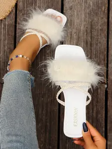 Women's Feather Plush Square Toe Flat Sandals, Braided Cross Strap Open-Toe Summer Slippers, Comfortable Casual Footwear