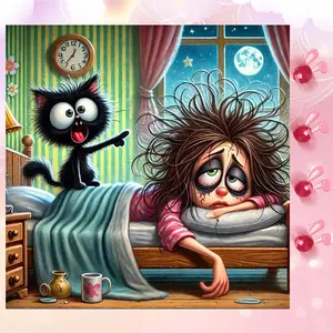 5D DIY Full Drill Round Diamond Painting - Diamond Art Kit Black Cat Mosaic, Canvas - DIY Decorative Painting, Home Wall Decor, Suitable for Halloween and Christmas, Birthday and Anniversary Gifts