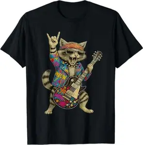 Retro Cat Rock Music Gifts Men Kids Women Funny Cat Guitar T-Shirt