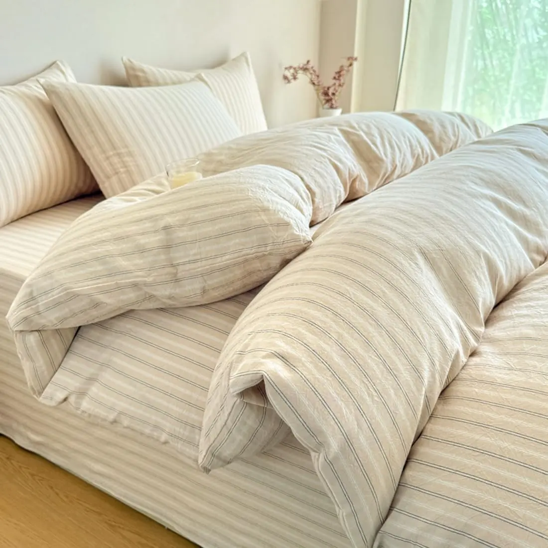 Beige Striped Duvet Cover Set   Washed  Beige Striped Bedding Duvet Cover Set with Stripe Pillowcases-Ultra Soft Breathable Zipper Closure Corner Ties