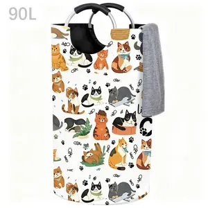 Cute Cats Laundry Basket with Padded Handle - Oversized Foldable Clothing Storage Basket, Portable Durable and Easy to Store, Adorable Laundry Basket, Suitable for Bathroom, Bedroom, Living Room, and Laundry Room- 90L