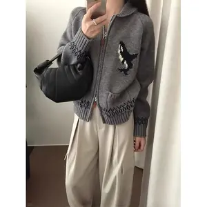 Women's Casual Zip-Up Cardigan with Dolphin Pattern, Dual Pockets - Cozy Knit Sweater in Three Colors, Polyester and Wool Blend, Machine Washable