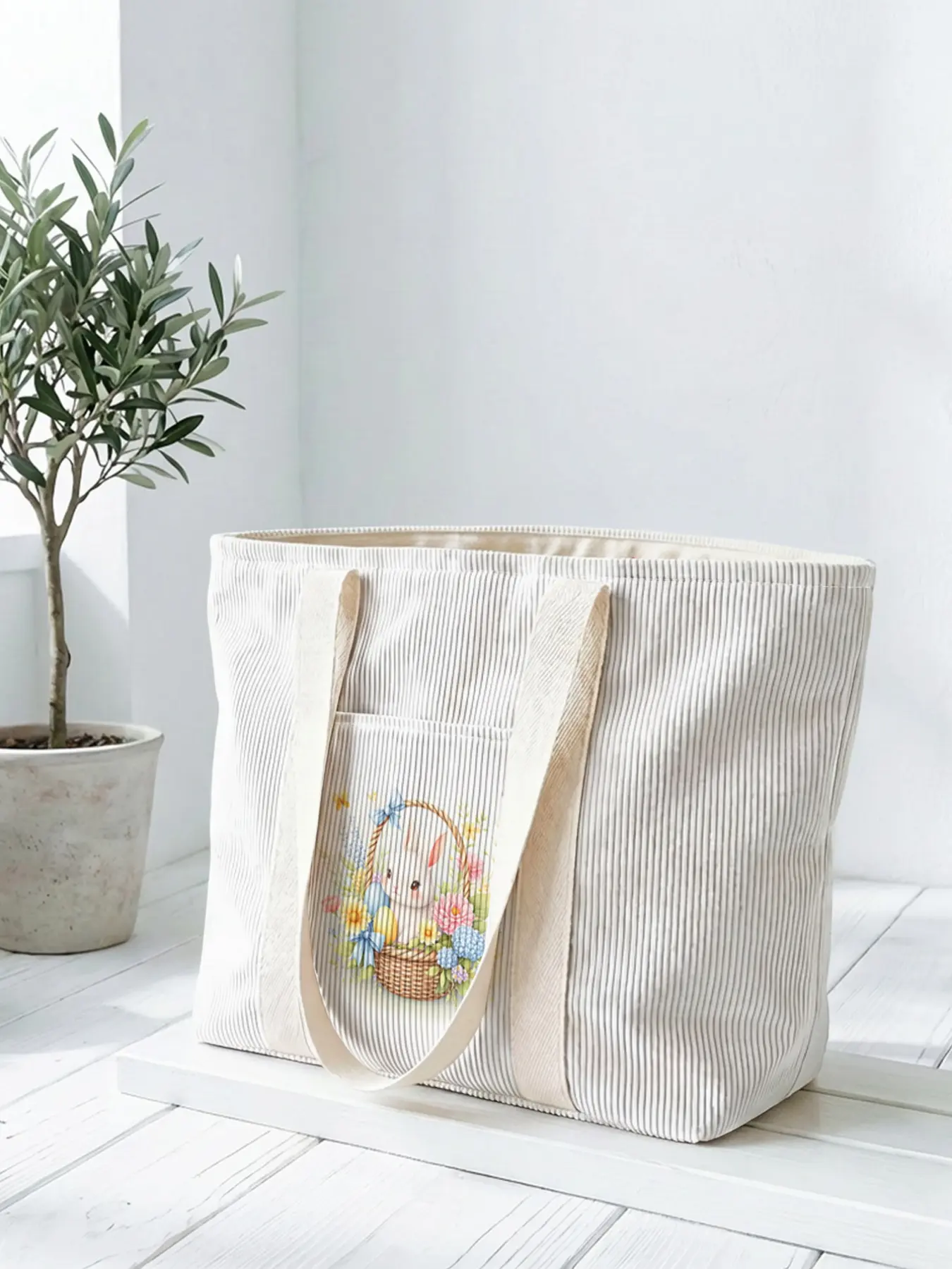 1 piece of 2D printed tote bag with a white rabbit in a basket, large capacity space|perfect for commuting/shopping/going to work|carry the gentleness and faith of Easter in your hands, Easter