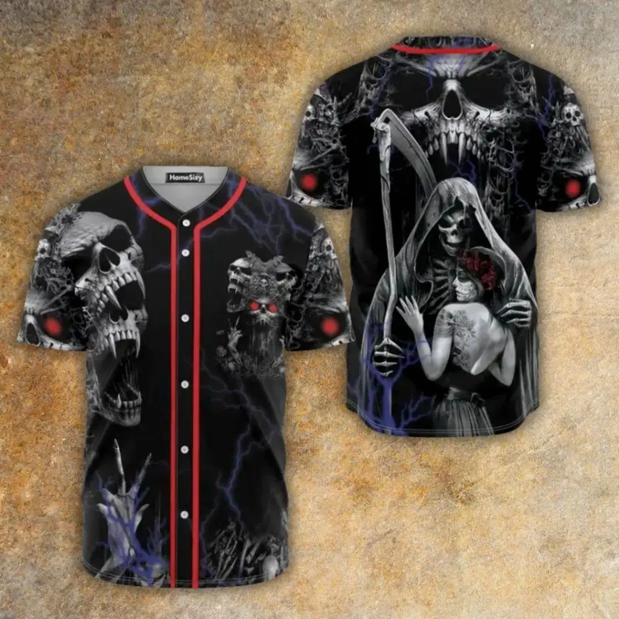 Grim Reaper Baseball Jersey, Gothic Skull Couple 3D Horror Tee