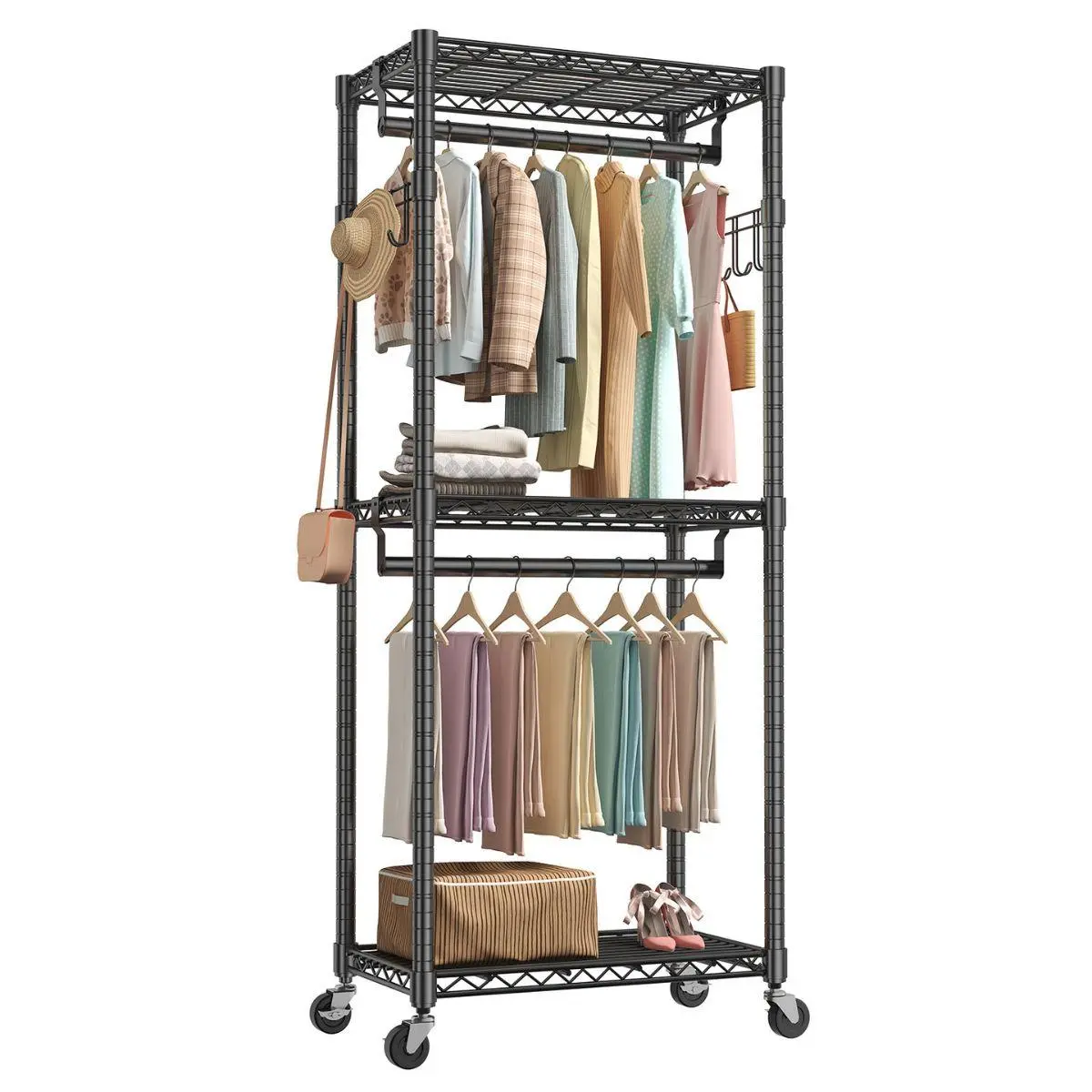 29.5-inch rolling clothes rack with adjustable metal shelves and heavy-duty hangers with side hooks,ideal for homes and laundry rooms