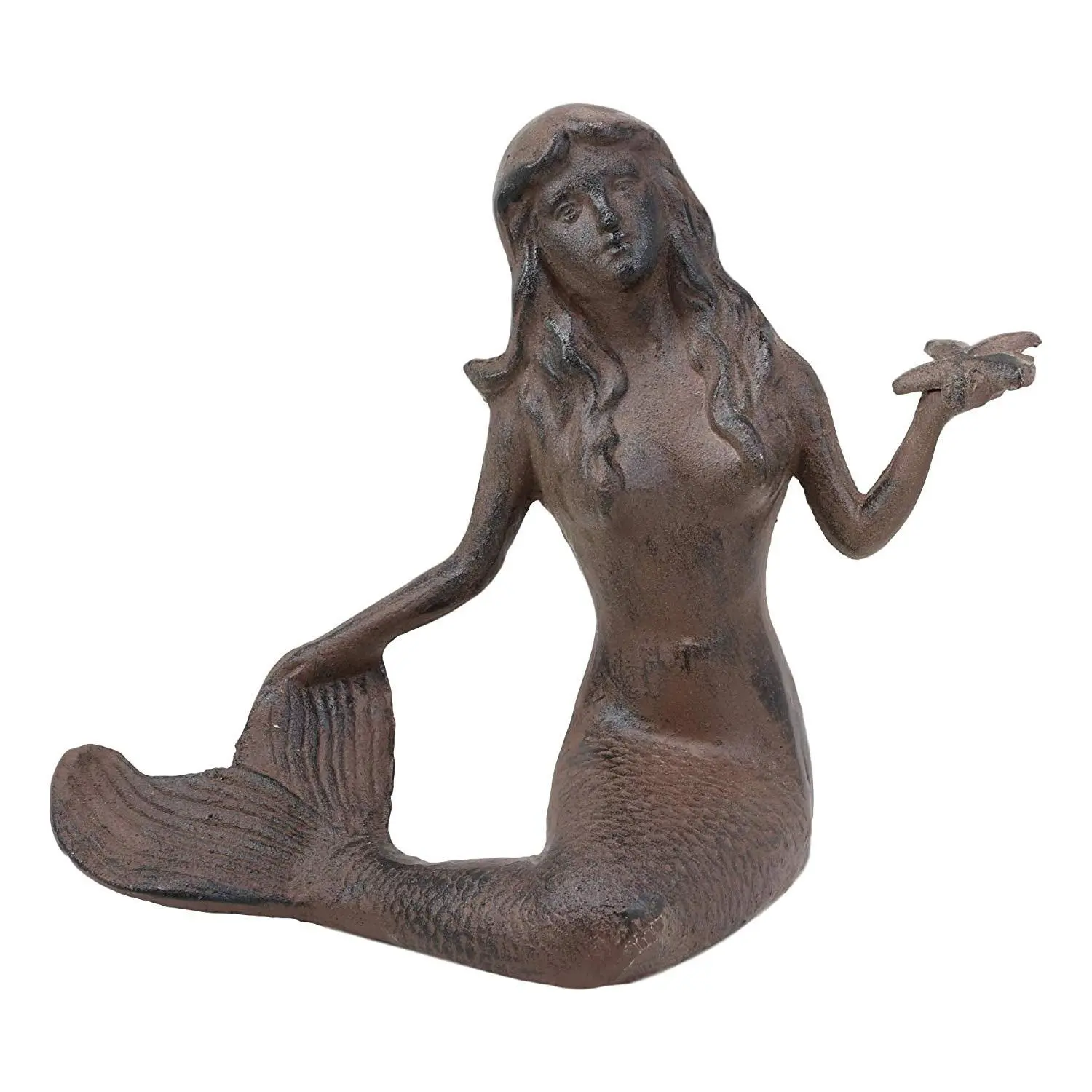 Ebros Gift 11.5" Tall Cast Iron Large Nautical Siren Mermaid Holding Starfish Vintage Statue Ocean Goddess Princess Coastal Beach Under The Sea Mermaids Decorative Accent (Rust Bronze)
