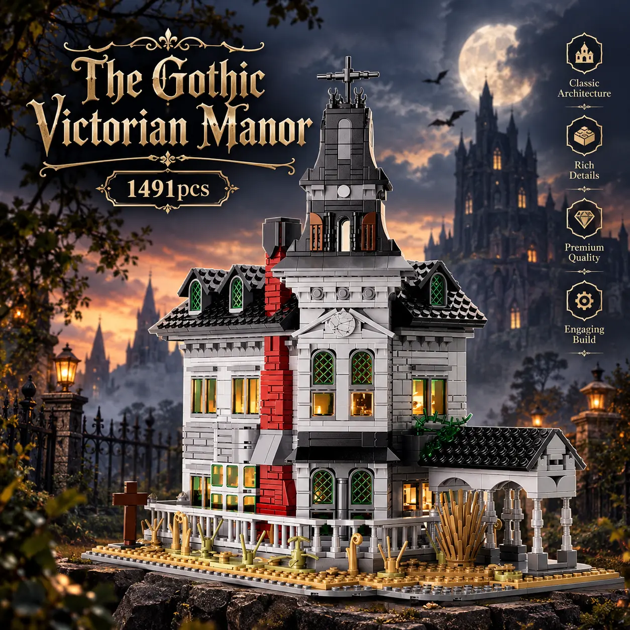 Gothic Victorian Manor Building Block Set - Unisex DIY Plastic Bricks Dark Mansion Model Kit with Arched Windows, Double-Layer 3D Haunted House Toy for Halloween, Children Development & Architecture Enthusiasts 8+, Halloween Decorations, Unique Cool Gifts