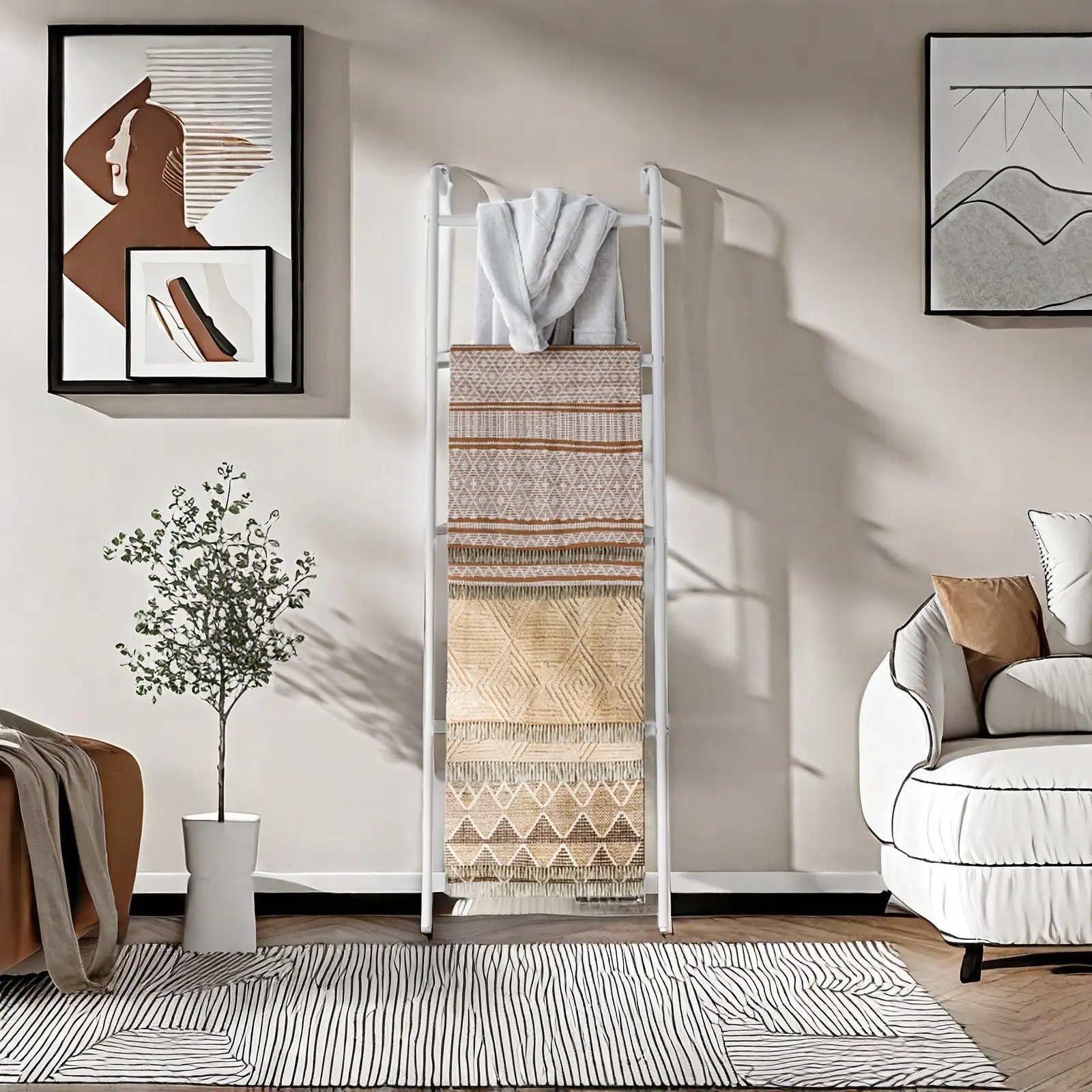 INGIORDAR 4-Tier Metal Iron Steel Blanket Ladder Rack - Freestanding Wall-Leaning Organiser, Bathroom Accessories Quilt Holder for Living Room, Clothes Storage, 17.32in L x 16.34in W x 60.24in H