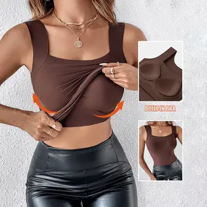 ChicMe Built-in Bra Tank Tops U Neck Camisole High Strechy Seamless Women Going Out Tops Everyday Basic Tanks Padded Tops