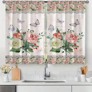 2 Panel 28"X40"  New Fashion Floral Butterfly Pattern Kitchen Curtains Boho Style Suitable For Bedroom Cafe And Living Room Decoration