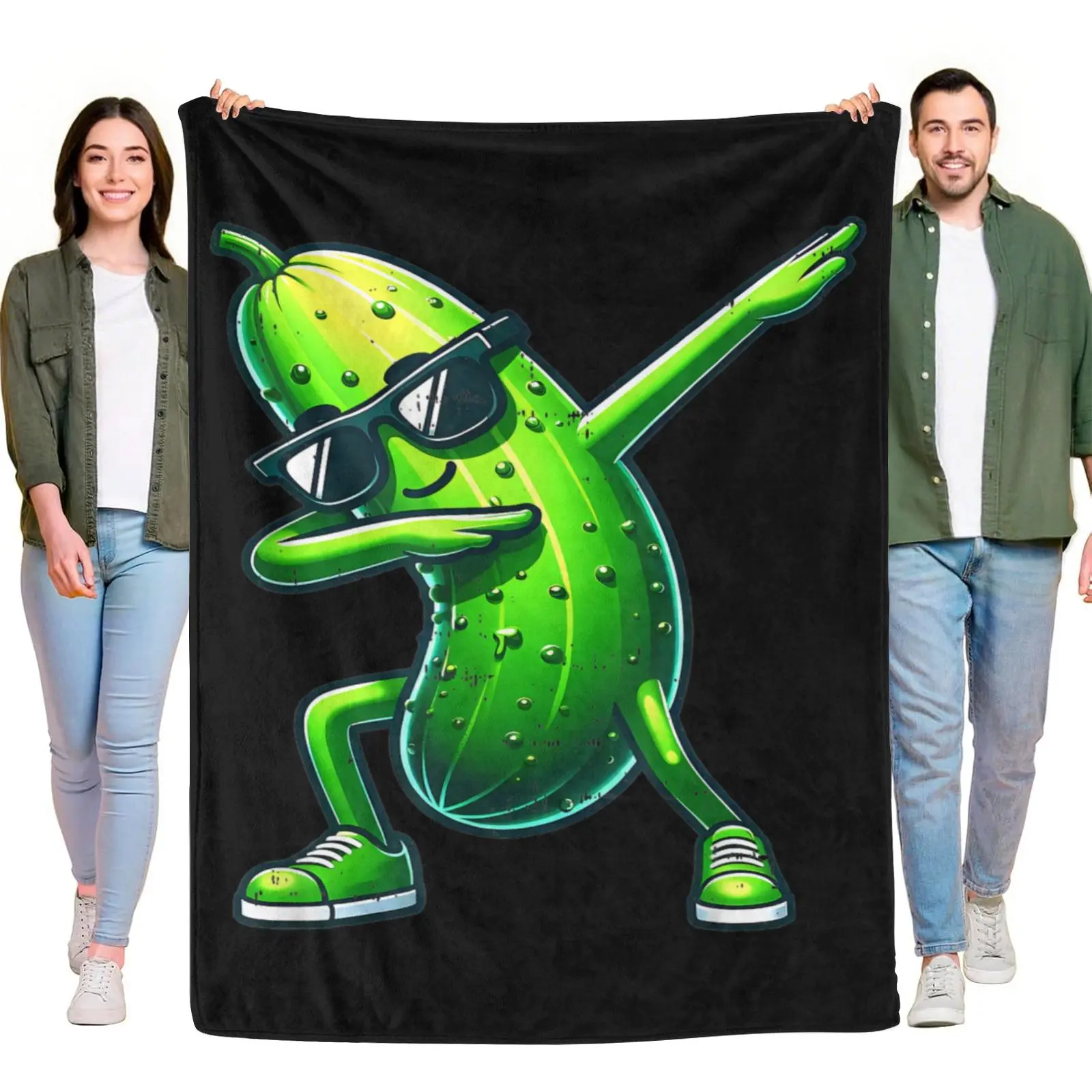 Funny Veggie Dab Dancing Pickle Throw Blanket - Rectangular Soft Flannel, Cartoon Pickle with Sunglasses & Sneakers, Warm Kids Room Decor for Bedroom Sofa