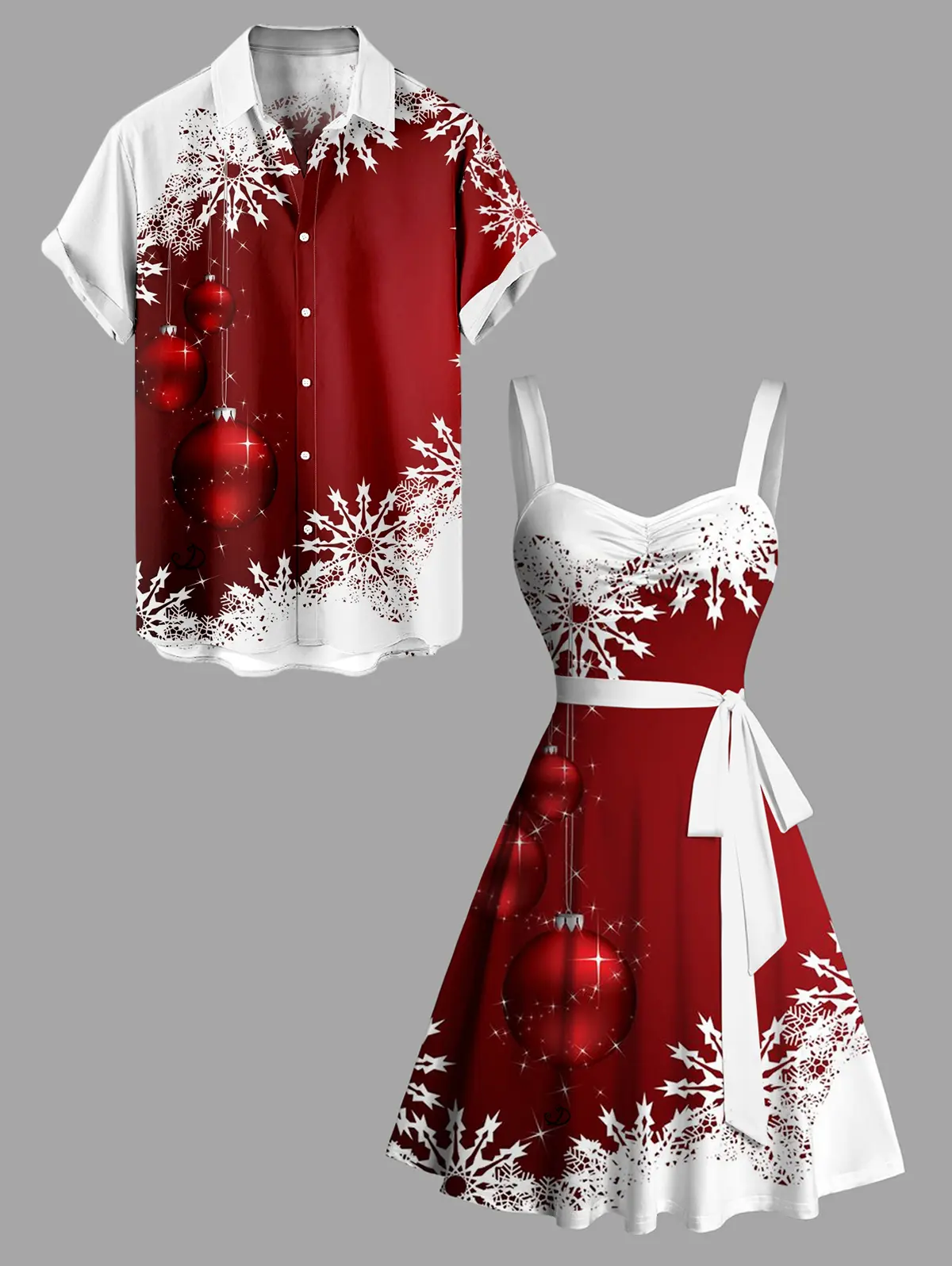 2025 Christmas Couples Clothes Set (Lady's Dress+Men's Shirt) - Women's Spandex Fabric Fitted Sleeveless Sweetheart Neck Snowflake Bell Contrast Print Dress, Men's Roll-Up Sleeve Shirt for Party