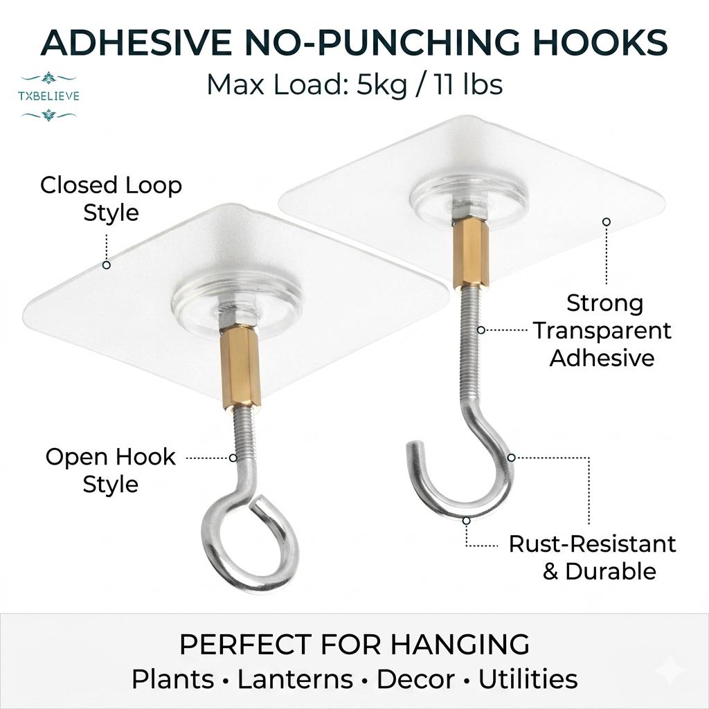 2PCS Self Adhesive Metal Ceiling Hooks Wall Mounted No Punching Plants Flower Pots Lanterns Hanging Holder Home Organizer“Transparent”