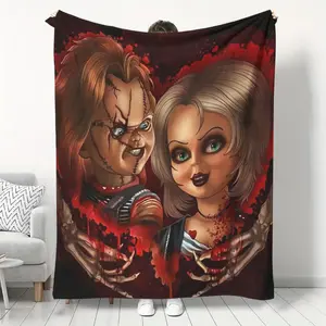Chucky & Tiffany Pattern Blanket, Horror Movie Character Pattern Casual Soft Throw Blanket, Air-conditioned Room Blanket, Warm Nap Blanket for Home & Office