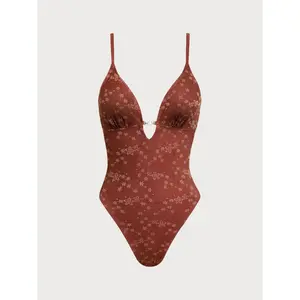 Red Mesh Beaded One-Piece Swimsuit 2026 Women One Piece Swim Dress Tummy Control Slimming Skirt Bathing Suit Full Coverage Beach Swimwear Modest Floral Swim Dress Halter Neck Ruched Design Women Summer Beach Swimming Costume