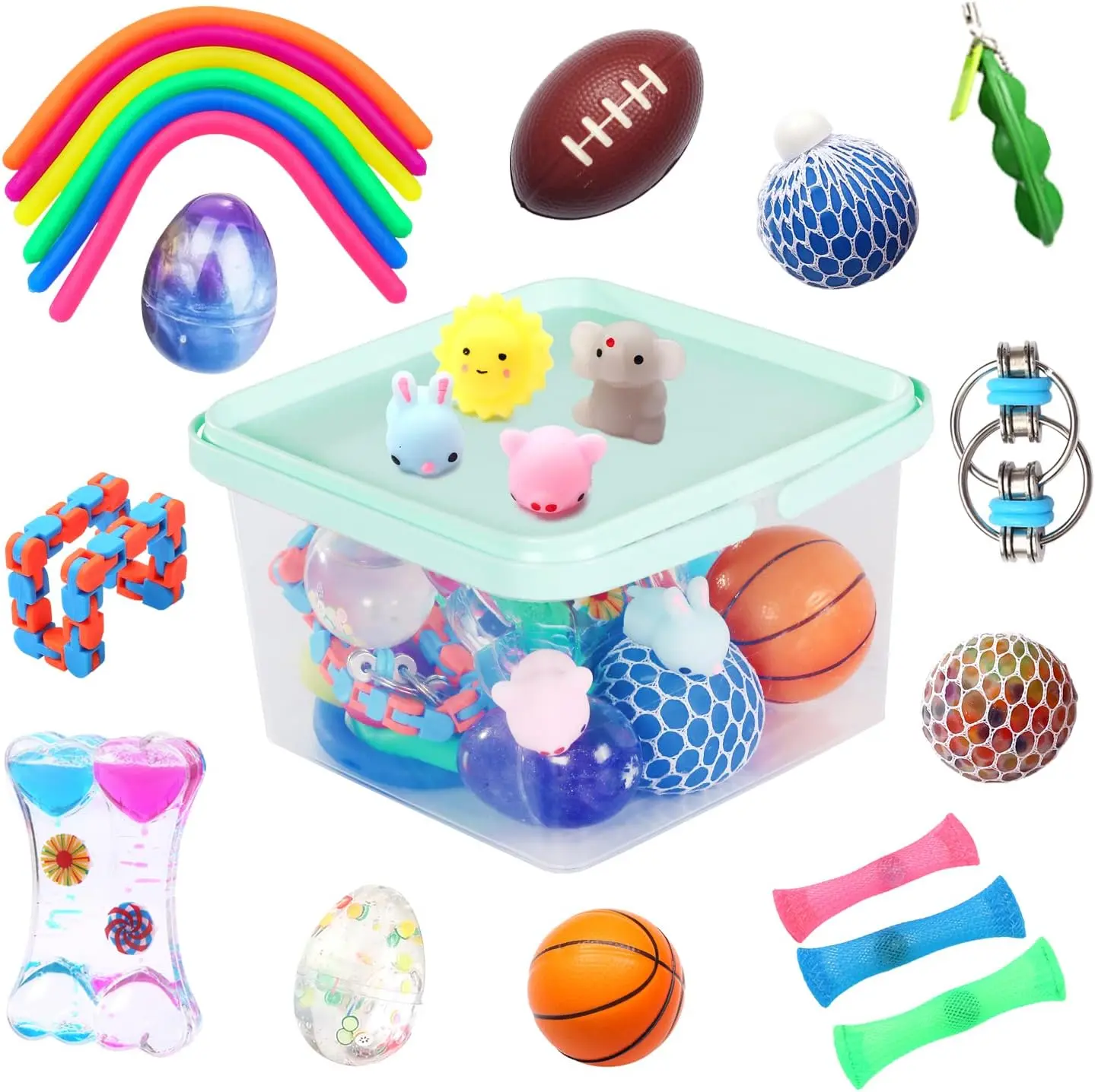 24 Pack Fidget Toys for Adults & Kids, Stress Relief Toys Set with Liquid Motion Timer, Mochi Squishy, Stretchy Strings, Flippy Chain, Marble Mesh, Squeeze Bean, Stress Balls, Party Favors