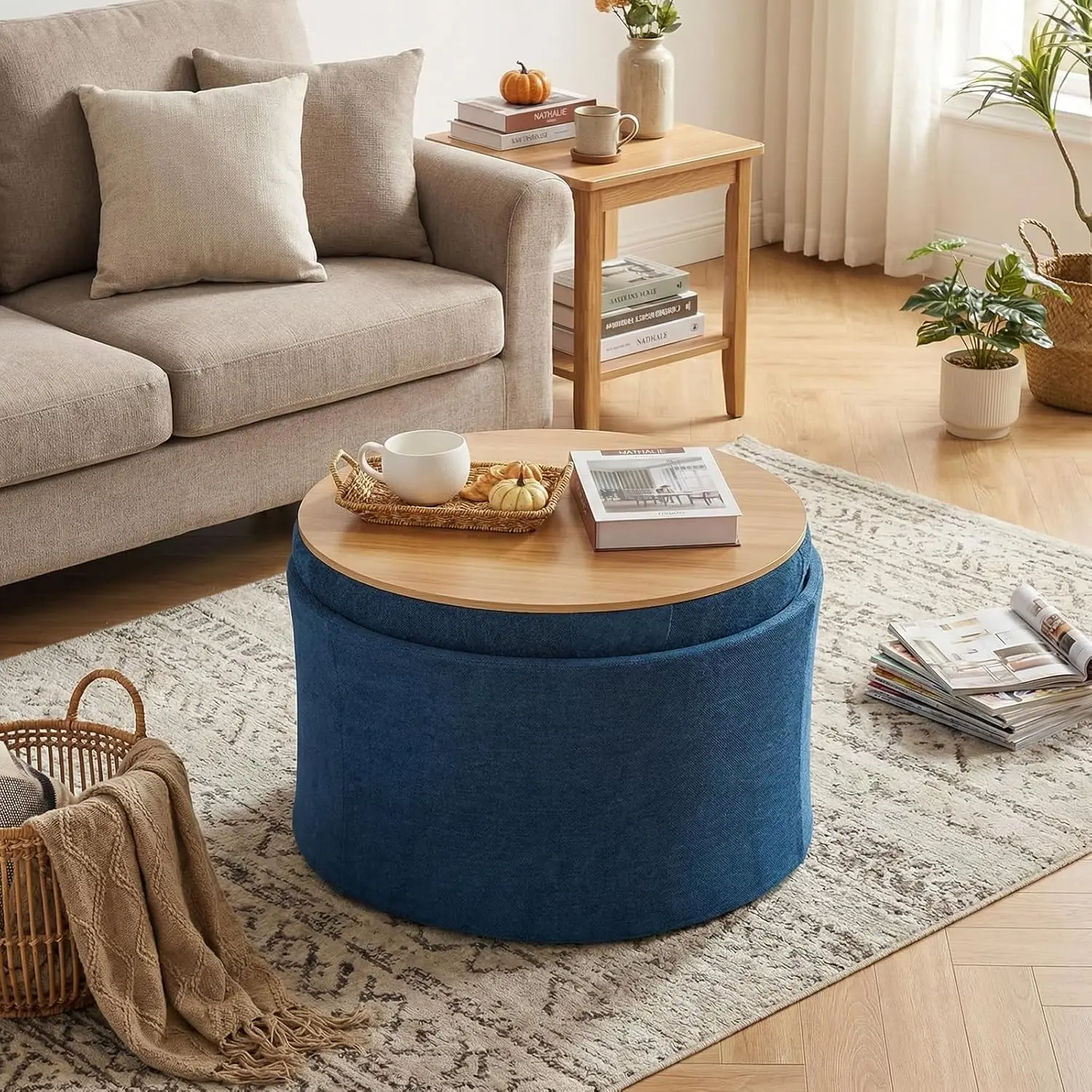 ONBRILL 25" Round Storage Ottoman Coffee Table with Lift-Off Lid, Multifunctional Footrest, Sturdy Steel Frame for Living Room, Bedroom