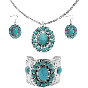 Howlite Jewelry Sets for Women - Turquoise Inspired Western Cowgirl Accessories - Statement Summer Beach Boho Necklace Earrings & Cuff Bracelet Set - Costume Jewelry Anniversary Christmas Gifts