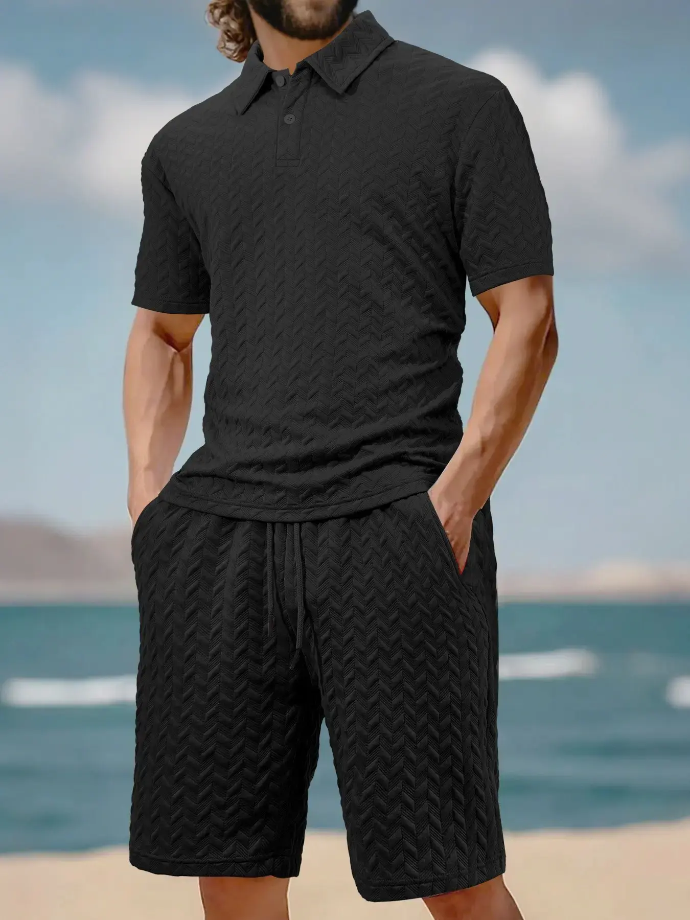 Men's summer polo shirt with collar and short-sleeved jacquard drawstring shorts set outfit, Sport Knit Set, menswear, Plain, casual, breathable, sweat-wicking, suitable for outdoor fitness, Gym, sports, leisure, men's wardrobe essential