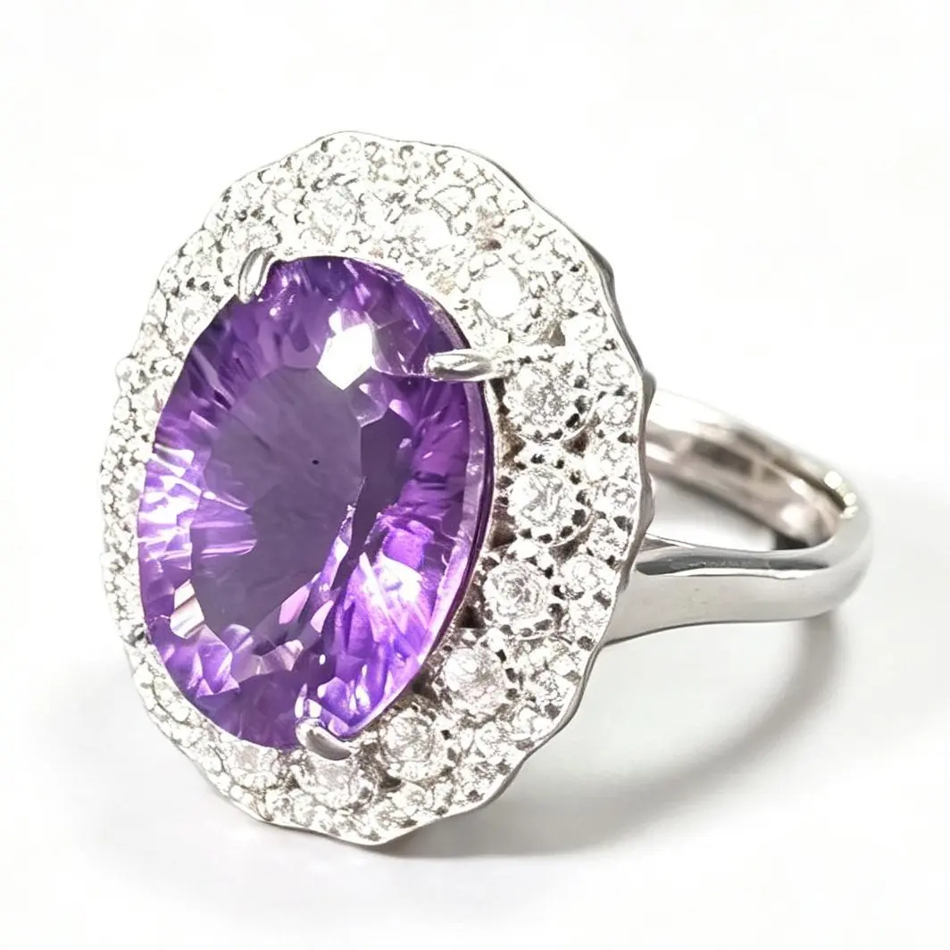 Unisex 14.2×10mm Oval Amethyst Halo Ring - 925 Sterling Silver Adjustable Glamour Statement Ring with Natural Amethyst & CZ, Ideal for Birthday, Wedding, Anniversary