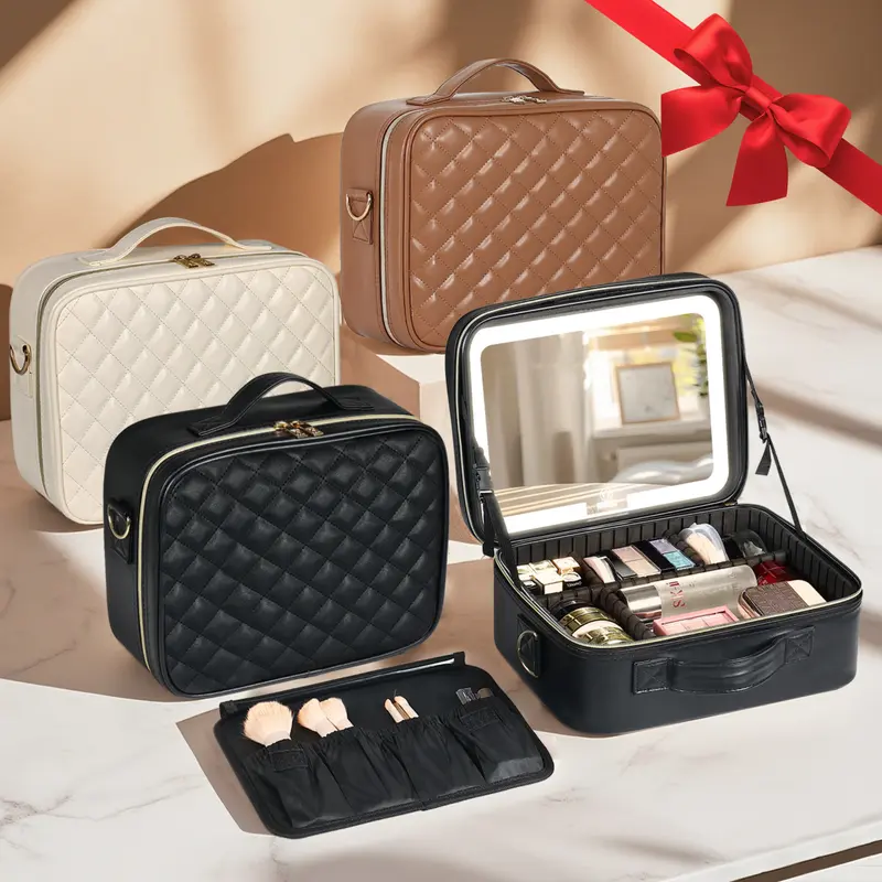 Travel Makeup Bag Cosmetic Bag Makeup Organizer Bag with Lighted Mirror 3 Color,makeupbags, Scenarios Adjustable Brightness Luxury light led, Leather Vanity Case with Zipper Closure, Makeup Vanity, Luxury Makeup Bag