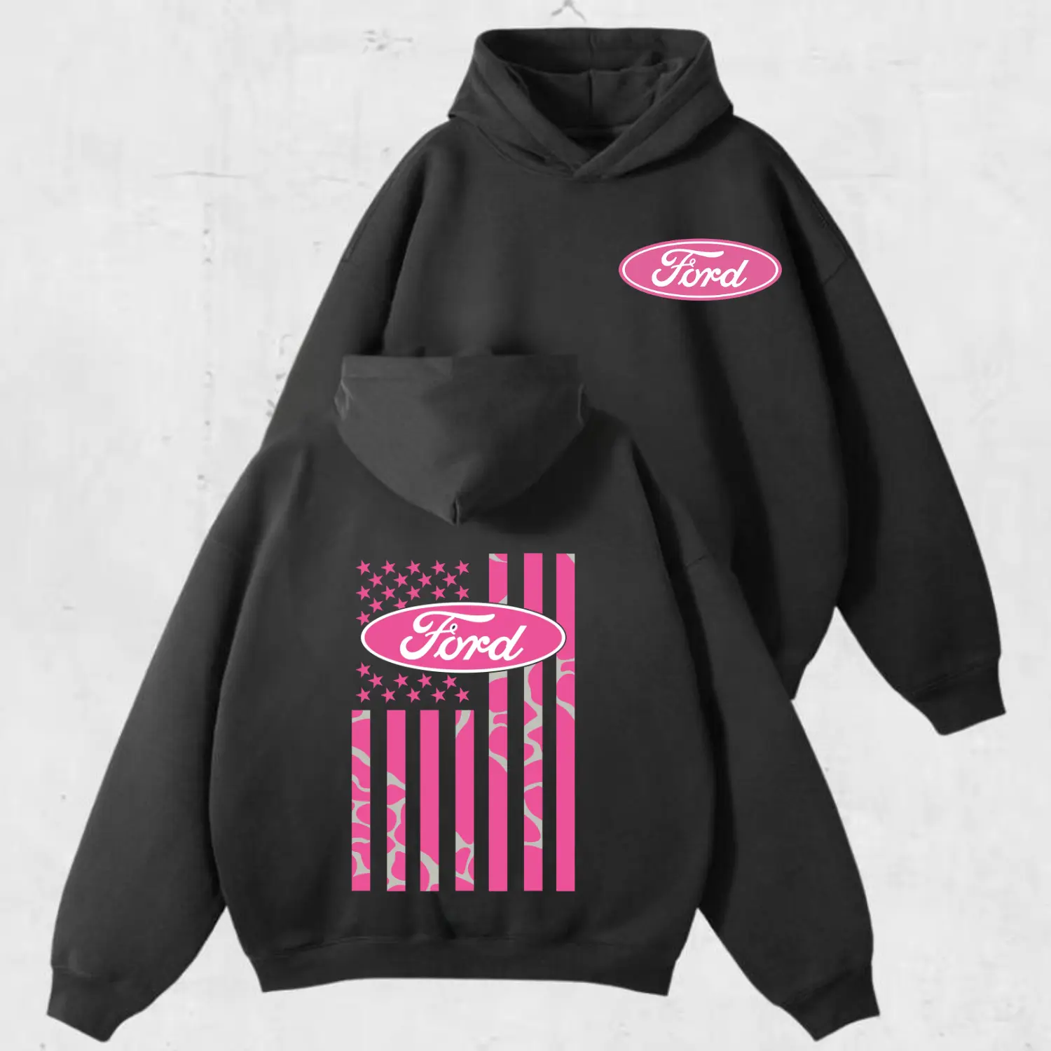 Vintage Pink Ford Bronco Trucks Camo Hoodie Vintage USA Flag Graphic Sweatshirt for Men Women, Off Road Truck Lover Pullover, Country Girl Streetwear, Classic Pickup Apparel