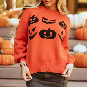 NewWomen’s Orange Halloween Pumpkin Face Pattern Drop Shoulder Sweater