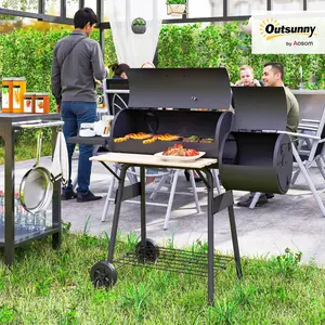 Outsunny Steel Portable Charcoal BBQ Grill & Smoker Combo, 230-370 Sq.In. Cooking Space, Adjustable Pan, Multi-Shelves, Thermometer, Wheels for Outdoor Patio Backyard Camping Picnic Party