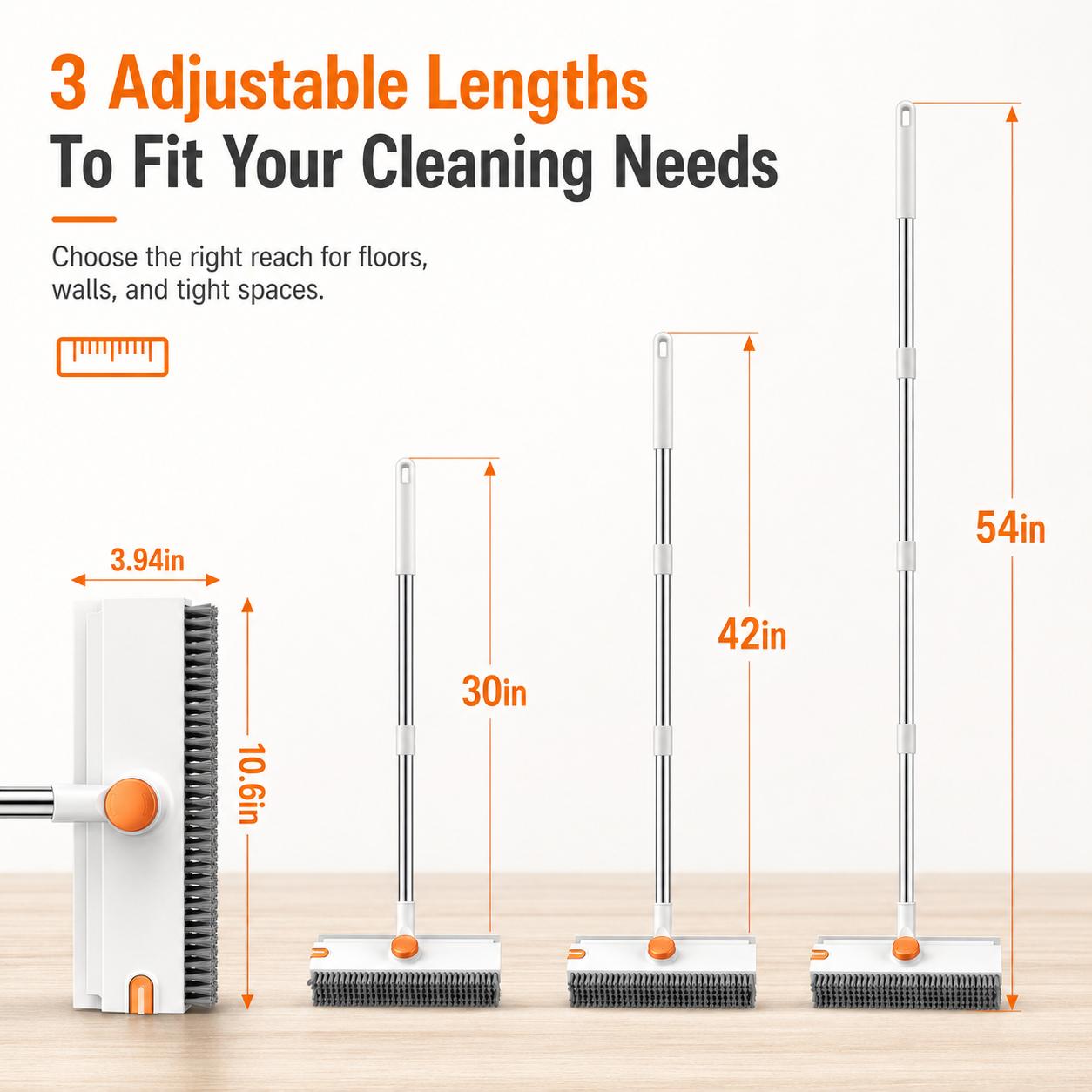 Snofrid Floor Scrub Brush, 3 in 1 Floor Scrub Brush with 54-in Adjustable Long Handle and Scraper Heavy Duty Stiff Bristle Floor Scrubber for Cleaning Shower Bathroom Kitchen Patio Garage Pool Wall and Deck, Orange&White