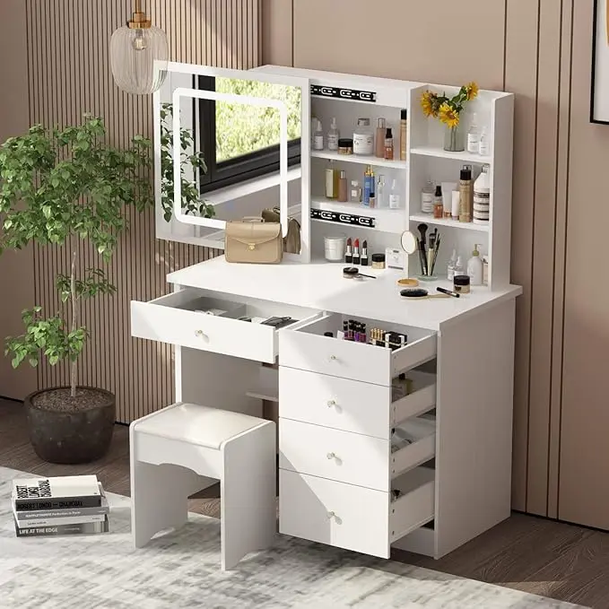 FUFU&GAGA Large Minimal Design Makeup Vanity Table Set with LED Mirror, 5 Drawers, Shelves, Cushioned Stool - Indoor Furniture for Cosmetics Storage, Beauty Organization